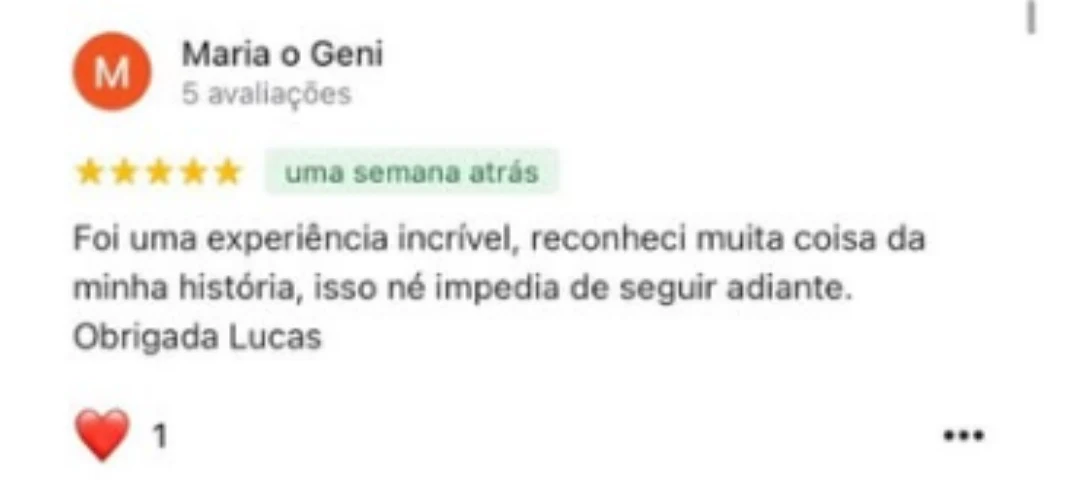 Avaliação de 5 estrelas: Foi uma experiência incrível, reconheci muita coisa da minha história. Obrigada Lucas