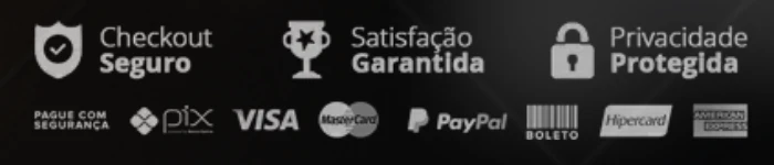 Formas de pagamento: Pix, Visa, Mastercard, PayPal, boleto, Hipercard e American Express